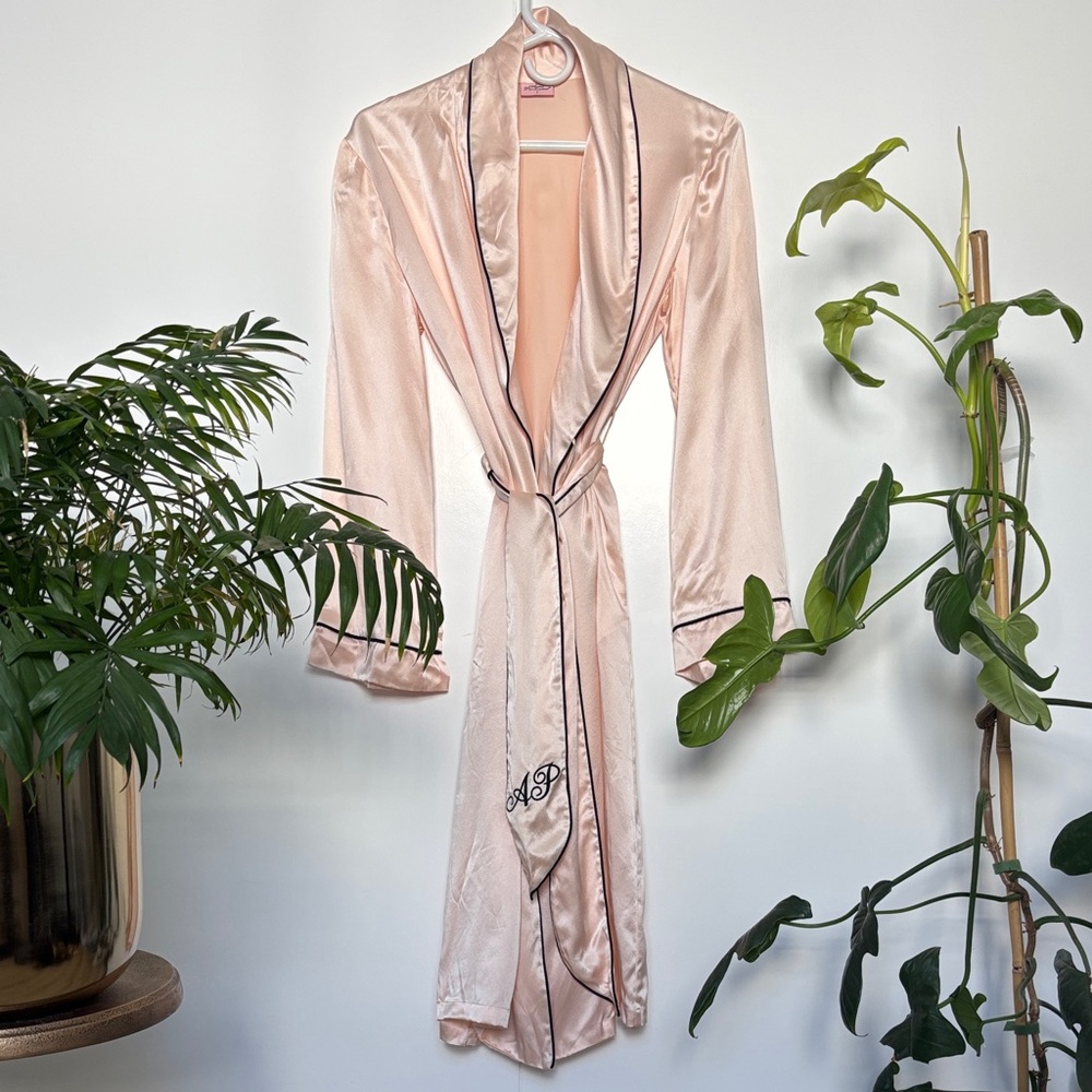Agent Provocateur Blush Pink Satin Robe with Black Piping